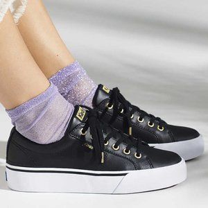Keds Womens Jump Kick Duo Leather Sneaker - Black/Gold